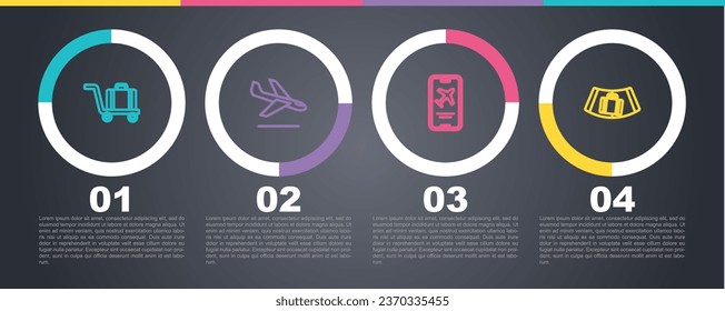 Set line Trolley baggage, Plane landing, Mobile with ticket and Conveyor belt suitcase. Business infographic template. Vector