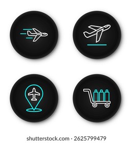 Definir a linha Bagagem do carrinho, avião, decolagem e ícone. Vetor