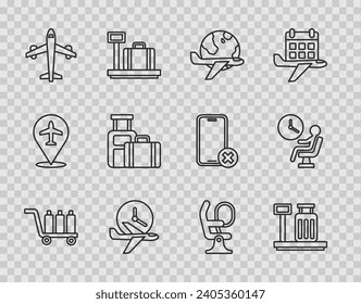 Set line Trolley baggage, Scale with suitcase, Globe flying plane, Flight time, Plane, Suitcase, Airplane seat and Human waiting airport terminal icon. Vector