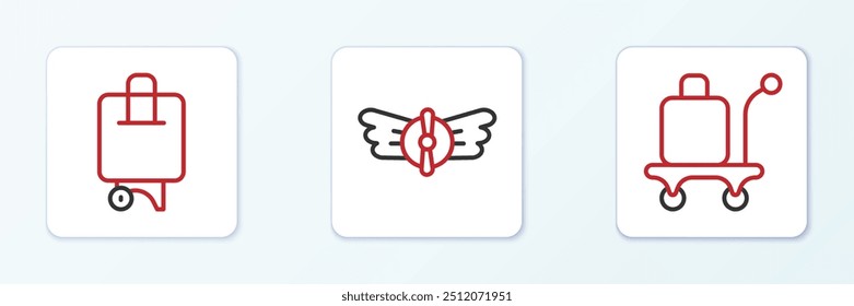 Set line Trolley baggage, Suitcase and Aviation emblem icon. Vector