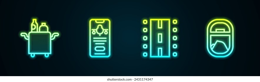 Set line Trolley for food, Mobile with ticket, Airport runway and Airplane window. Glowing neon icon. Vector