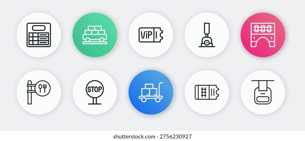 Set line Trolley suitcase, Bridge for train, Cafe and restaurant location, Train ticket, Arrow switching the railway, Cable car and Stop sign icon. Vector