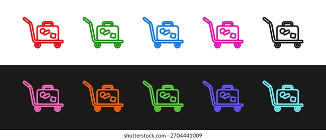 Establecer línea icono de maleta de carro aislado en fondo blanco y negro. Cartel de equipaje de viaje. Icono de equipaje de viaje.  Vector
