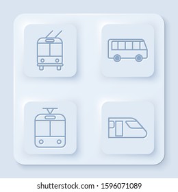Set line Trolleybus, Bus, Tram and railway and Train. White square button. Vector