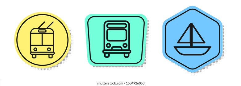 Set line Trolleybus, Bus and Yacht sailboat or sailing ship. Colored shapes. Vector