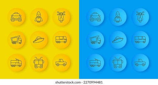 Set Line Trolleybus, Lieferung Lastwagen, Speedboat, Pickup, Bus, Taxi, Scooter und Raketentelefon Symbol. Vektorgrafik