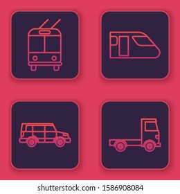 Set line Trolleybus, Off road car, Train and Delivery cargo truck vehicle. Blue square button. Vector