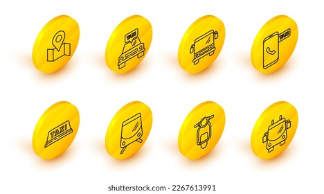 Set line Trolleybus, Scooter, Tram and railway, Taxi car roof, call telephone service, Bus,  and Folded map with location marker icon. Vector