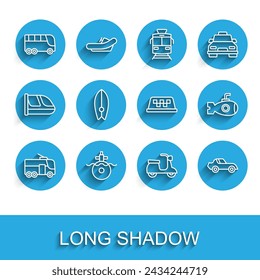 Set line Trolleybus, Submarine, Bus, Scooter, Car, Surfboard,  and Taxi car roof icon. Vector