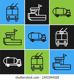 Set line Trolleybus, Tanker truck and Fishing boat icon. Vector