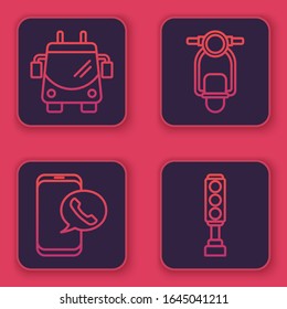 Set line Trolleybus, Taxi call telephone service, Scooter and Traffic light. Blue square button. Vector