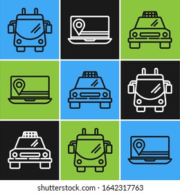 Set line Trolleybus, Taxi car and Laptop with location marker icon. Vector