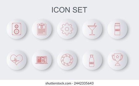 Set line Trophy cup, Heart rate, Cogwheel gear settings, Glass bottle milk and cap, Stereo speaker, Clinical record, Medical clinical and Camera shutter icon. Vector