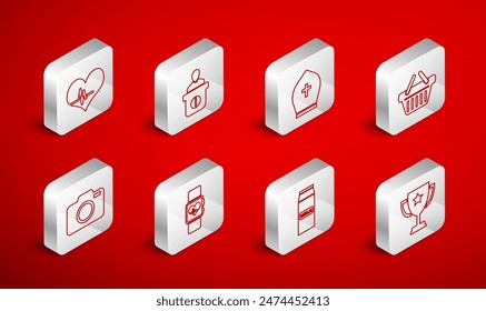 Set line Trophy cup, Information desk, Pope hat, Shopping basket, Paper package milk, Heart rate, Smart watch heart beat and Photo camera icon. Vector