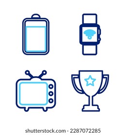 Fijar la línea Trophy cup, Television tv, Smartwatch con inalámbrico e icono de Batería. Vector