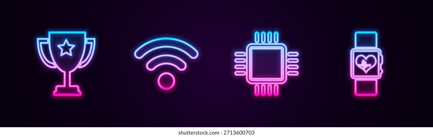 Set line Trophy cup, Wi-Fi wireless network, Processor with CPU and Smart watch heart beat rate. Glowing neon icon. Vector