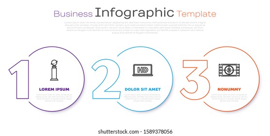 Set line Trophy Golden Globe , Laptop screen with HD video technology  and Play Video . Business infographic template. Vector