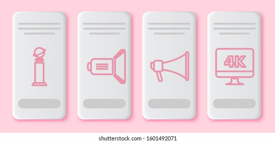 Set line Trophy Golden Globe , Movie spotlight , Megaphone  and Computer PC monitor with 4k video technology . White rectangle button. Vector