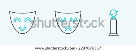 Set line Trophy Golden Globe, Comedy theatrical mask and Drama icon. Vector