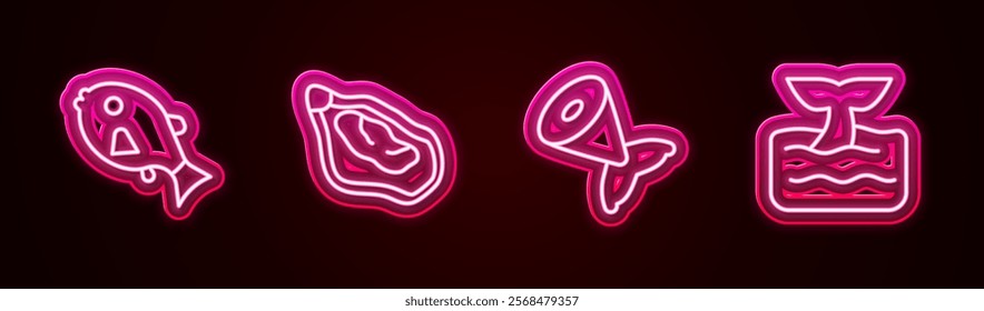 Set line Tropical fish, Mussel, Fish tail and Whale in ocean wave. Glowing neon icon. Vector