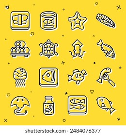 Set line Tropical fish, Served on plate, Fish, Starfish, Turtle, Sushi cutting board,  and Octopus icon. Vector