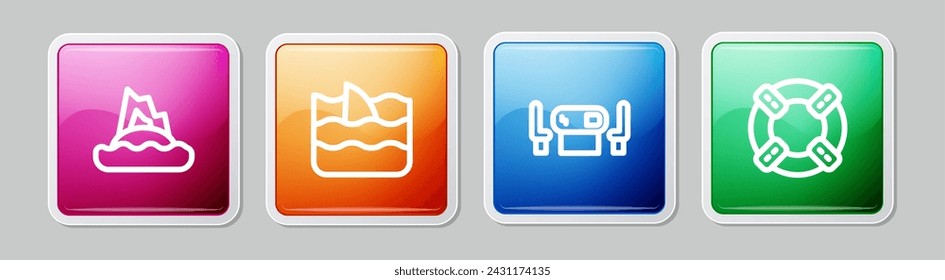 Set line Tropical island in ocean, Shark fin wave, Poker table and Lifebuoy. Colorful square button. Vector