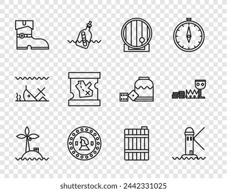 Isla tropical en el océano, faro, barril de madera, moneda pirata, botas de pirata de cuero, mapa del tesoro e icono de riquezas del tesoro. Vector