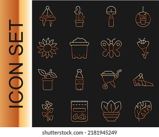 Fijar línea hojas tropicales, olla rota, flor, pala, maceta con suelo, planta en colgamiento e icono de mariposa. Vector