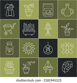Set line Tropical leaves, Butterfly, Plant in pot, Pack full of seeds of plant, Wheelbarrow with dirt, on stand and table icon. Vector