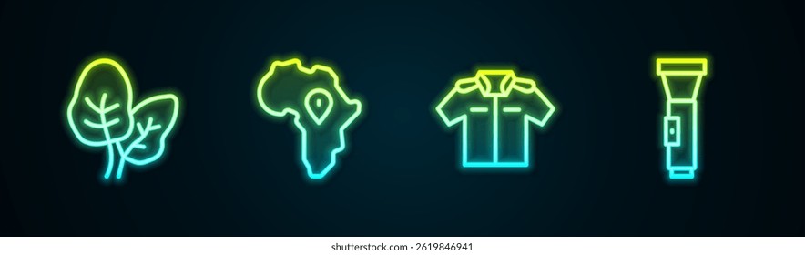 Set line Tropical leaves, Map of Africa, Shirt and Flashlight. Glowing neon icon. Vector