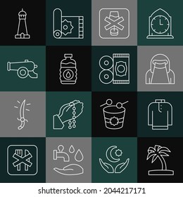 Set line Tropical palm tree, Shirt kurta, Muslim woman in niqab, No alcohol, Bottle of water, Ramadan cannon, Mosque tower or minaret and Traditional carpet icon. Vector