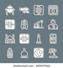 Set Line Tropical Palm Tree, Star And Crescent, Muslim Man, No Alcohol, Donate Or Pay Your Zakat, Smoking, Table Food And Oil Pump Pump Jack Icon. Vector