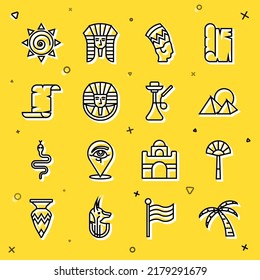 Set line Tropical palm tree, Egyptian fan, pyramids, Nefertiti, pharaoh, Papyrus scroll, Sun and Hookah icon. Vector