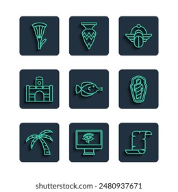 Set line Tropical palm tree, Eye of Horus on monitor, Papyrus scroll, Egyptian Scarab, Butterfly fish, house, lotus and mummy in sarcophagus icon. Vector