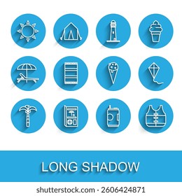 Set line Tropical palm tree, Travel brochure, Sun, Soda can, Life jacket, Beach towel, Kite and Ice cream in waffle cone icon. Vector