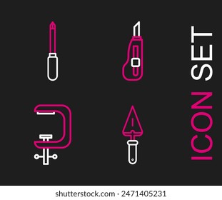 Set line Trowel, Clamp and screw tool, Stationery knife and Screwdriver icon. Vector