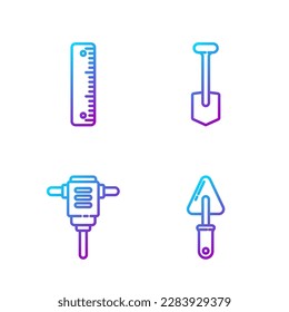 Set line Trowel, Electric rotary hammer drill, Ruler and Shovel. Gradient color icons. Vector
