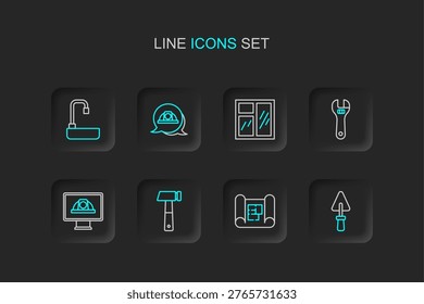 Set line Trowel, House plan, Hammer, Worker safety helmet, Adjustable wrench, Window in room,  and Washbasin icon. Vector