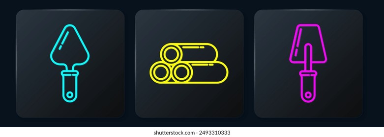 Set line Trowel, Trowel and Industry metallic pipe. Black square button. Vector