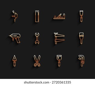 Juego de línea de paleta, tijeras, taladro de mano, cuchillo de masilla, herramienta de abrazadera, llave inglesa, pincel de pintura e icono. Vector
