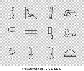 Paleta de la línea del sistema, casco de seguridad del trabajador, cepillo de pintura, pala, llave inglesa, ladrillos, puerta cerrada e icono de llave vieja. Vector