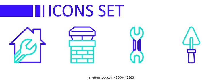 Set line Trowel, Wrench spanner, Chimney and House with wrench icon. Vector