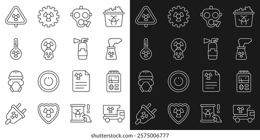 Set line Truck with radiation materials, Dosimeter, Nuclear power plant, Gas mask, Radioactive, Meteorology thermometer, Triangle and Fire extinguisher icon. Vector