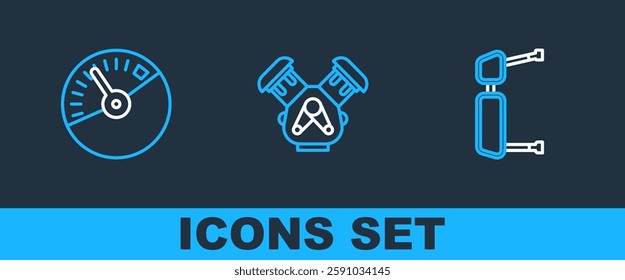 Set line Truck side mirror, Speedometer and Car engine icon. Vector