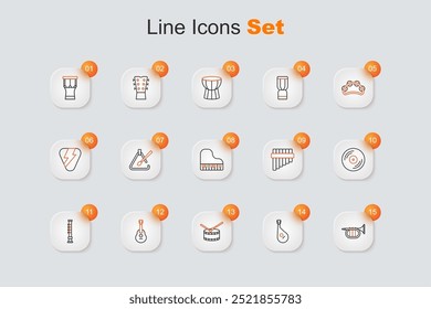 Set line Trumpet, Bandura, Drum with drum sticks, Guitar, Flute, Vinyl disk, Pan flute and Grand piano icon. Vector