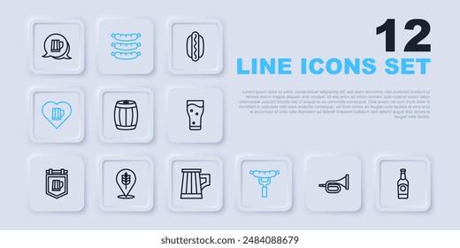 Set line Trumpet, Beer bottle, Wooden barrel, Sausage on the fork, Heart with glass of beer, Wheat,  and mug icon. Vector