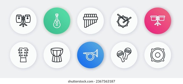 Set line Trumpet, Bongo drum, Guitar neck, Maracas, Drum with sticks, Pan flute, Stereo speaker and African darbuka icon. Vector