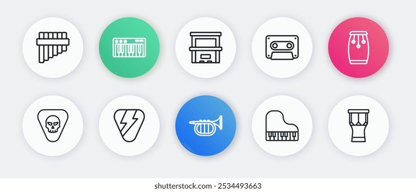 Set line Trumpet, Conga drums, Guitar pick, Grand piano, Retro audio cassette tape, Piano, African percussion and  icon. Vector