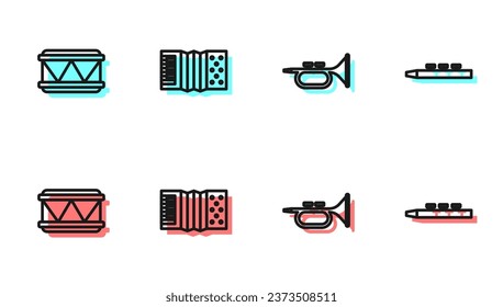 Set line Trumpet, Drum, Accordion and and drum sticks icon. Vector