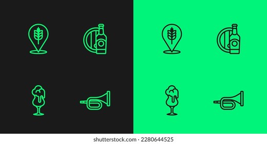 Set line Trumpet, Glass of beer, Wheat and Beer bottle and wooden barrel icon. Vector